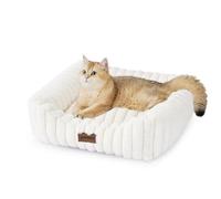 ZOMISIA Joli lit orthopédique rectangulaire pour chats et petits chiens - Housse moelleuse lavable et fond antidérapant, 50,8 x 48,3 x 17,8 cm, crème