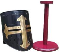 Zomitiya Casque de croisade Black Knight avec support en bois gratuit, casque médiéval de qualité supérieure avec doublure en cuir ajustée, portable pour adulte, accessoire de costume de