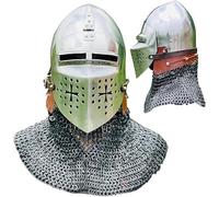 Zomitiya Grand casque médiéval de croisade avec queue de maille de chaîne - Casque de chevalier en acier de calibre 18 avec gravures croisées et sangles en cuir LARP, reconstitution, cosplay et armure