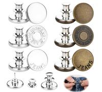 ZOMKIFA 12 Boutons de Jeans sans Couture 17mm, Bague d'Extension Réglable pour Taille, 6 Motifs Mi-Métal Poli pour Réparation DIY Pantalon & Denim - Ensemble 12 Pièces Argent/Bronze