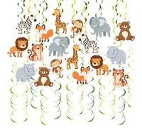 ZOMKIFA Set de Déco Safari Jungle 48 Pièces, Spiraux Suspendus avec Hippopotame, Lion, Zèbre, Décoration pour Anniversaire d'Enfant