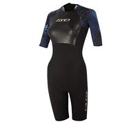 ZONE3 Womens Tropical Palm Back Zip Short Sleeve Shorty Swimskin SS21WWTC101 - Black/Blue Womens Wetsuits - S Womens Wetsuits - S