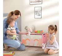 ZONEKIZ Coffre à jouet enfant coffre de rangement enfant couvercle rabattable motif de forêt coins arrondis 60 x 37 x 39 cm rose