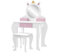 ZONEKIZ Coiffeuse pour enfants avec miroir et tabouret, tiroir, boîtes de rangement, motif licorne, pour les tout-petits de 3 à 6 ans - Blanc et rose