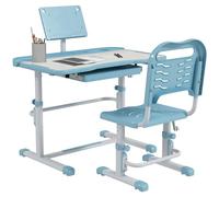 ZONEKIZ Ensemble Bureau et Chaise pour Enfants 6-12 Ans Bureau pour Enfants réglable en Hauteur et en Inclinaison avec 1 tiroir et 1 bibliothèque 80x49,5x82-104 cm Bleu & Blanc