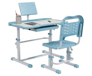 ZONEKIZ Ensemble Bureau et Chaise pour Enfants 6-12 Ans Bureau pour Enfants réglable en Hauteur et en Inclinaison avec 1 tiroir et 1 bibliothèque 80x49,5x82-104 cm Bleu & Blanc