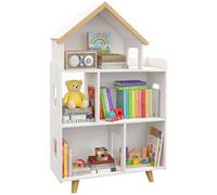 ZONEKIZ Étagère de Rangement pour Jouet Enfant et Livres Meuble de Rangement Forme de Maison - 3 Niveaux avec étagères - Bois Massif - 65 x 25 x 108,5 cm - Blanc et Naturel