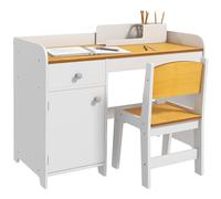 ZONEKIZ Lot de 2 bureaux pour enfant avec chaise et table avec tiroir et armoire pour chambre à coucher, salon, blanc et naturel