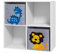 ZONEKIZ Meuble de Rangement pour Enfant, Etagère à Chambre d'enfant, Bibliothèque, 4 Compartiments, 2 Paniers en Tissu Motif Dinosaure, 62 x 30 x 62 cm, Blanc