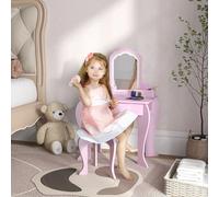 ZONEKIZ Set Coiffeuse pour Enfant avec Miroir de Maquillage et Tabouret Assorti en Bois, Tiroir et Contenants, Rose