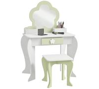 ZONEKIZ Table de Maquillage pour Filles avec Miroir et Tabouret Table de Maquillage pour Filles 3-6 Ans avec 2 boîtes et 1 tiroir 55x34x87,5 cm Blanc et Vert Pastel