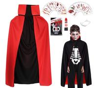 ZoneYan Cape Vampire Enfant Réversible, Noir Rouge Cape Costume Garçons et Filles, Deguisement Dracula Halloween Carnaval avec Dentiers de Vampire, Sang Artificiel & Autocollants de Tatouage