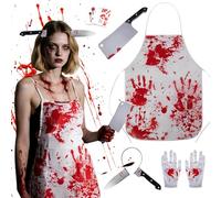 ZoneYan Déguisement Boucher Homme, Sanglant Costume de Chef avec Gants, Couperet, Sanglant Tablier Boucher, Serre Tete Couteau, Tatouages Autocollants, pour Fête d'Halloween Carnaval Mascarade