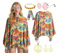 ZoneYan Deguisement Hippie Femme, Poncho avec Lunettes de Soleil, 2 Bandeaux, Boucles D'oreilles, Collier, Costume Hippie Femme Année 60 70 pour Disco Carnaval Halloween Anniversaire Fête
