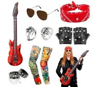 ZoneYan Rock Costume Accessoires, Disco Rock Deguisement, Gothique Accessoires Rocker, Guitare, Manches, Gants, Lunettes, Bandana, Bracelet, Bague, Hippie Deguisement Rocker, 70/80/90s Punk Costume