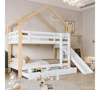 ZONJIE Lit mezzanine avec toboggan, lit superposé, pour 2 enfants, 90 x 200 cm, en bois, avec 2 tiroirs et protection anti-chute, sommier à lattes en bois, échelle à 3 niveaux, blanc + naturel