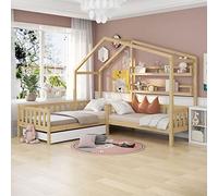 ZONJIE Lit simple 90 x 200 cm, pour enfant, en bois massif, pour enfants, enfant d'honneur, de sol, avec matelas, protection anti-chute, pour fille et garçon (bois naturel)