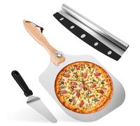 ZONJIE Pelle à pizza - Ensemble de pelle à pizza en acier inoxydable comprenant une pelle à pizza, une roulette à pizza et une pelle à pizza avec poignée en bois pliable, accessoire de roulette à
