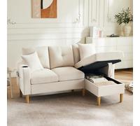 ZONJIE Petit canapé d'angle 3 places en forme de L avec 2 porte-gobelets, poches latérales et boîte de rangement, canapés et canapés avec fonction couchage pour le salon, blanc