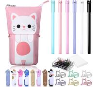Zonon Set Papeterie Chat Kawaii, Trousse à Crayons Télescopique avec 6 Stylos Gel, 30 Marque-Pages Chat et 240 Notes Autocollantes Anniversaire Cadeau Rentrée Scolaire Fournitures pour École Bureau