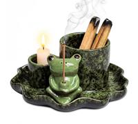 ZONSUSE Brûleur d’Encens Grenouille Multifonction 4 en 1 avec Plateau Feuille de Lotus, Porte Sauge, Palo Santo, Bâtons et Cônes en Céramique, Décoration Yoga & Méditation (Grenouille Lotus Verte)