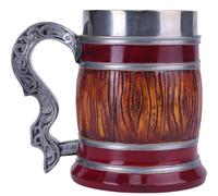 ZONSUSE Chope en Tonneau, Chope à Bière Médiévale, Tasse à Bière Rétro, Extérieur Imitation Bois Rouge avec Intérieur en Acier Inoxydable, Idee Cadeau pour Homme Anniversaire Festival 600ml(Fût)