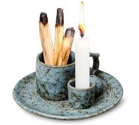 ZONSUSE Porte-Encens Multifonction 4 en 1 en Céramique, Brûleur avec Support Bougie et Récupérateur de Cendres, pour Sauge, Palo Santo, Bâtons et Cônes, Décoration Bureau Yoga Méditation (Bleu-Vert)