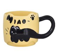 ZONSUSE Tasse Chat Noire Mignonne, Tasse à café en Chaton 3D, avec Anse en Forme de Queue, Mug en Céramique Amusant avec des Animaux, Cadeau pour Femme Ami Enfant, 380ml (Chat-Jaune)