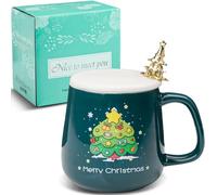 ZONSUSE Tasse de Père Noël,Joyeux Noël Tasse Originale, Merry Christmas Mug, avec Couvercle et Cuillère à Sapin Cadeaux Créatifs pour Adultes, Garçons, Filles, Enfants 380 ml (B-Vert)