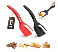 ZONZEST Lot de 2 spatules à œufs - Anti-adhésives 2 en 1 Grip & Flip Pinces de cuisine pour crêpes, poissons, œufs et plus encore - Outil de cuisine résistant à la chaleur (noir + rouge)