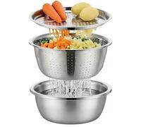 zoocco 3 in 1 Germany Multifunctional Stainless Steel Basin, Stainless Steel Shredding & Drainage Chopping Basin for Vegetables Fruits, Rice Rinser Food Graters (11.02in)