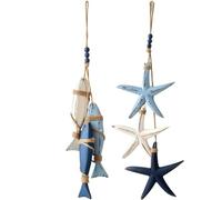 zoocco Lighted Coastal Wall Decor, 23.2 in Wooden Starfish & Fish Hanging Decor with Warm LED Glow, Beach Bathroom Wall Art for Porch, Bedroom & Beach House (Fish and starfish lights)