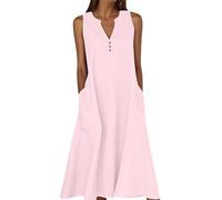 zoocco Linen Dresses for Women 2025, Lightweight V Neck Midi Dress with Pockets for Beach Vacation & Daily Wear (Pink,M)