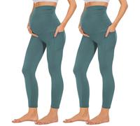 zoocco Maternity Leggings for Women, Buttery Soft Maternity Yoga Pants with Pockets, Maternitys Clothes for Daily Wear & Workout (2PCS Dark Green,Grand)