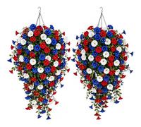 zoocco Patriotic Hanging Flower Baskets & Artificial Hanging for Outdoors with Lush Blooms, Porch & Garden Decor, Solar Light Option (Without Light)