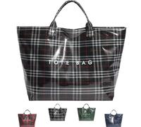 zoocco Plaid Tote Bag, Large Vintage Letters Print Tartan Tote Bag with Top Handle for College Students Shopping (Black)