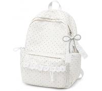zoocco Polka Dot Backpack Lace Trim School Bag 11.4 × 5.1 × 16.9in (White)