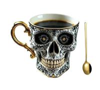 zoocco Skull Coffee Mug, Halloween Coffee Cups Horror Novelty, Gothic Porcelain Tea Cup with Gold Trim for Unconventional Connoisseurs & Skull Lovers (A(with Spoon))