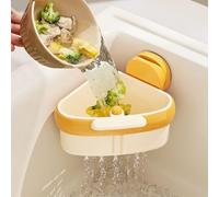 zoocco Suction Cup Sink Corner Rack with Press Dump Design, 2025 Upgraded Corner Sink Strainer & Sponge Storage Caddy for Kitchen, Bathroom, Small Spaces, Apartments (1PCS Beige)