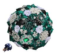 zoocco Wedding Bouquets for Bride with Rhinestone Satin Roses, Luxury Handmade Bridal Bouquets for Bride, Quinceanera Bouquet & Wedding Decoration (Dark Green Black)