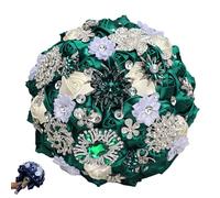 zoocco Wedding Bouquets for Bride with Rhinestone Satin Roses, Luxury Handmade Bridal Bouquets for Bride, Quinceanera Bouquet & Wedding Decoration (Dark Green Milk)