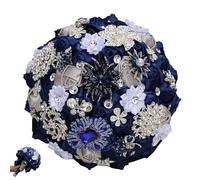 zoocco Wedding Bouquets for Bride with Rhinestone Satin Roses, Luxury Handmade Bridal Bouquets for Bride, Quinceanera Bouquet & Wedding Decoration (Navy Blue Silver)