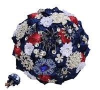 zoocco Wedding Bouquets for Bride with Rhinestone Satin Roses, Luxury Handmade Bridal Bouquets for Bride, Quinceanera Bouquet & Wedding Decoration (Dark Red Navy Blue)