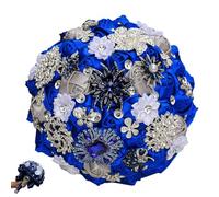zoocco Wedding Bouquets for Bride with Rhinestone Satin Roses, Luxury Handmade Bridal Bouquets for Bride, Quinceanera Bouquet & Wedding Decoration (Sapphire Blue Silver)