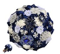 zoocco Wedding Bouquets for Bride with Rhinestone Satin Roses, Luxury Handmade Bridal Bouquets for Bride, Quinceanera Bouquet & Wedding Decoration (Navy Milk)