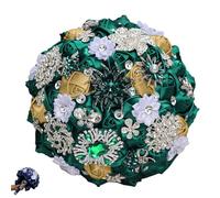 zoocco Wedding Bouquets for Bride with Rhinestone Satin Roses, Luxury Handmade Bridal Bouquets for Bride, Quinceanera Bouquet & Wedding Decoration (Dark Green Light Gold)
