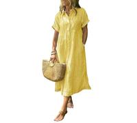 zoocco Women's Boho Striped Shirt Dress Button Up Loose High Waistline Mid Long Dress with Pockets for Early Fall Stroll (Yellow,TTG)