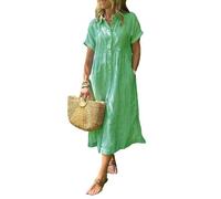 zoocco Women's Boho Striped Shirt Dress Button Up Loose High Waistline Mid Long Dress with Pockets for Early Fall Stroll (Green,Grand)