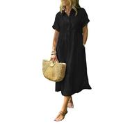 zoocco Women's Boho Striped Shirt Dress Button Up Loose High Waistline Mid Long Dress with Pockets for Early Fall Stroll (Black,TG)