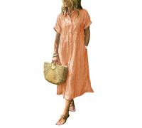 zoocco Women's Boho Striped Shirt Dress Button Up Loose High Waistline Mid Long Dress with Pockets for Early Fall Stroll (Orange,Grand)
